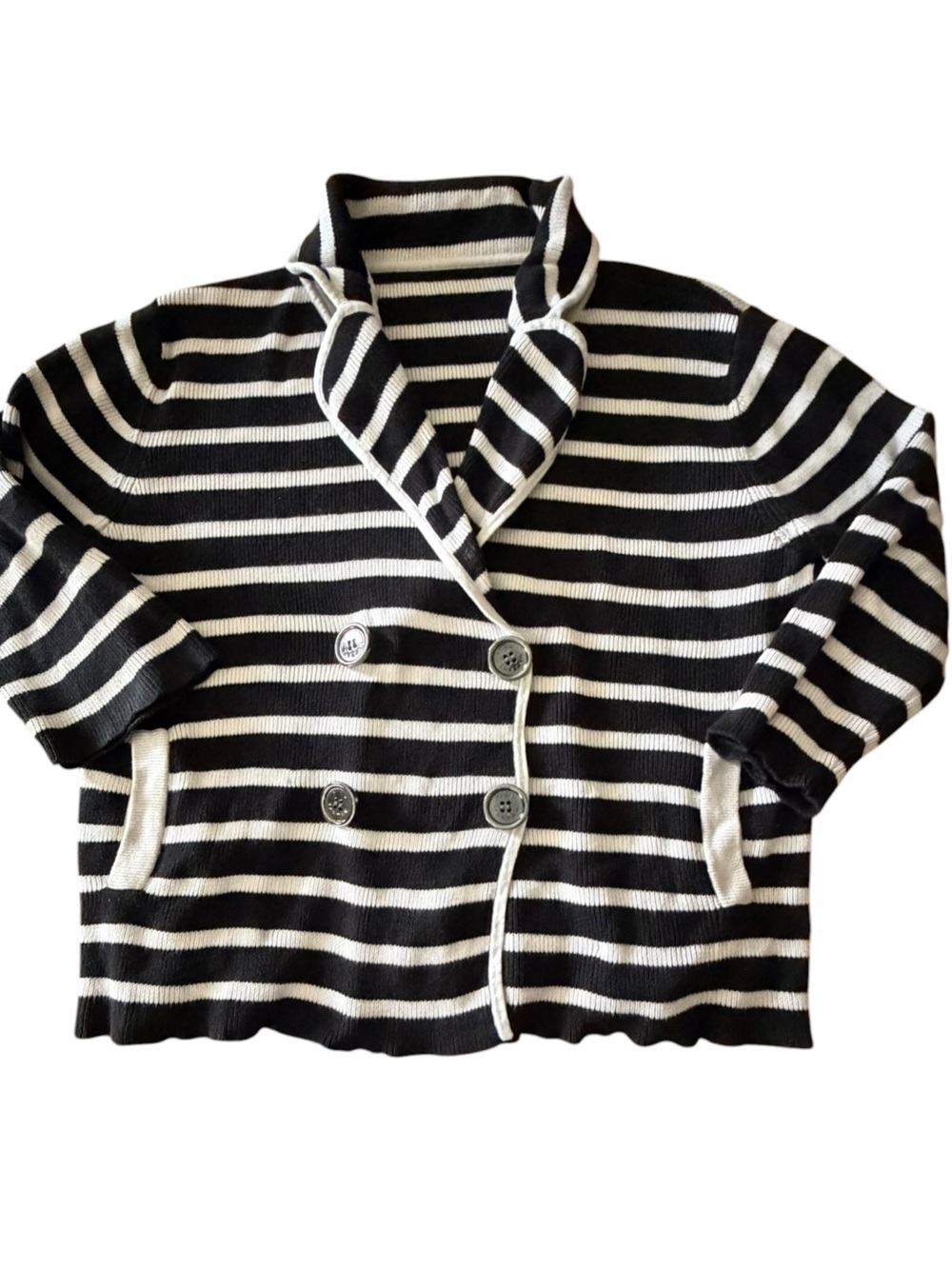 Pink Tartan Black and White Striped Shawl Collar Sweater